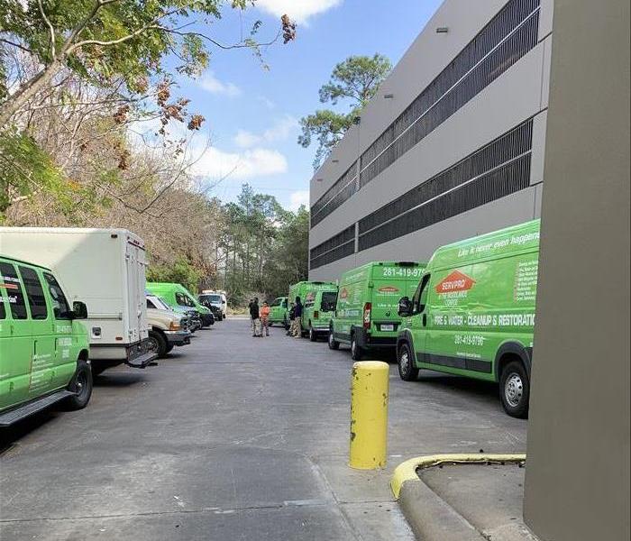 Parked SERVPRO vehicles.